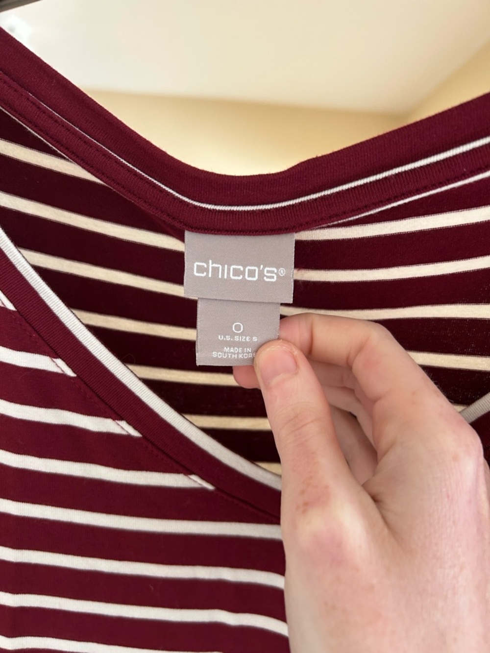 Chico's Striped V-neck Burgundy and White Size Small Short Sleeve Tee - Picture 2 of 4